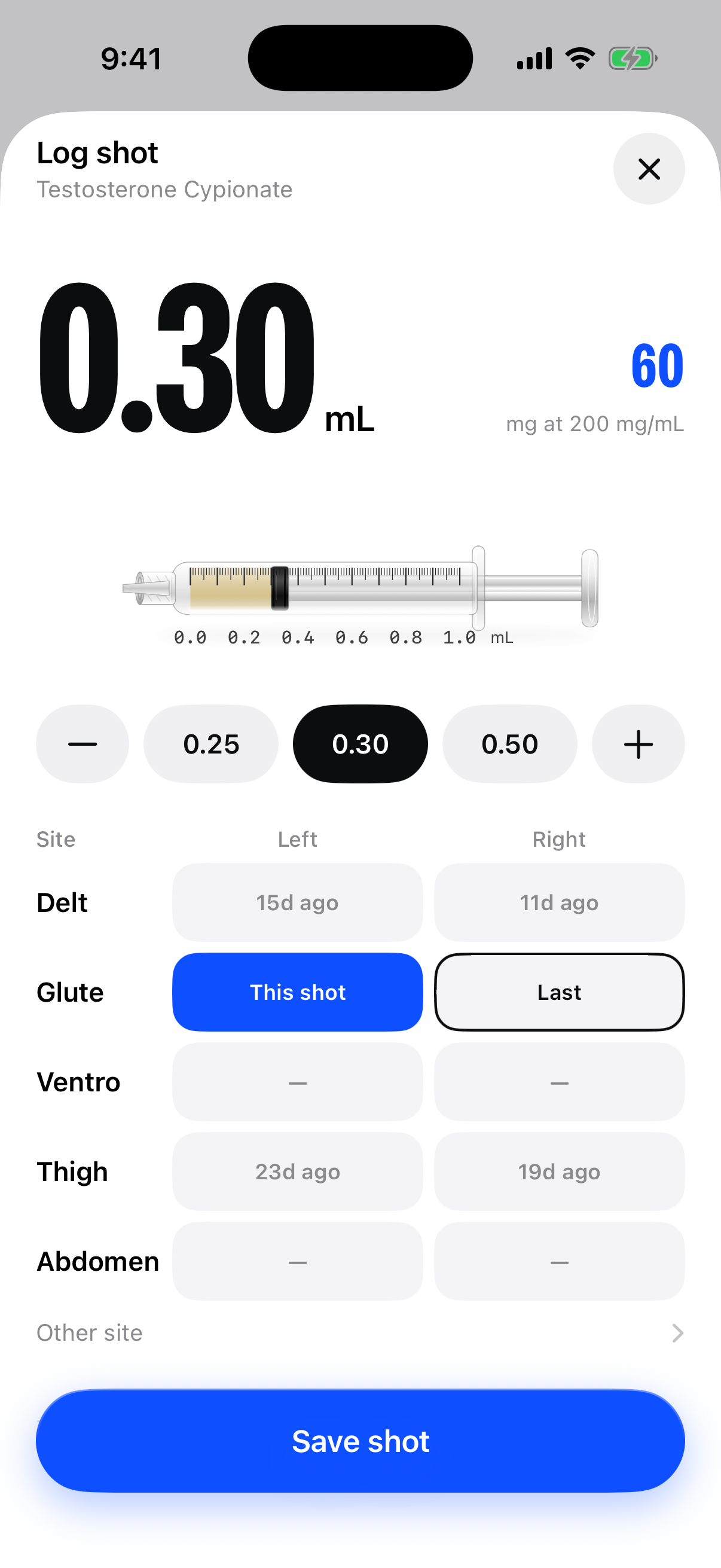 Cypio Log shot screen with amount, syringe, presets, and injection site history