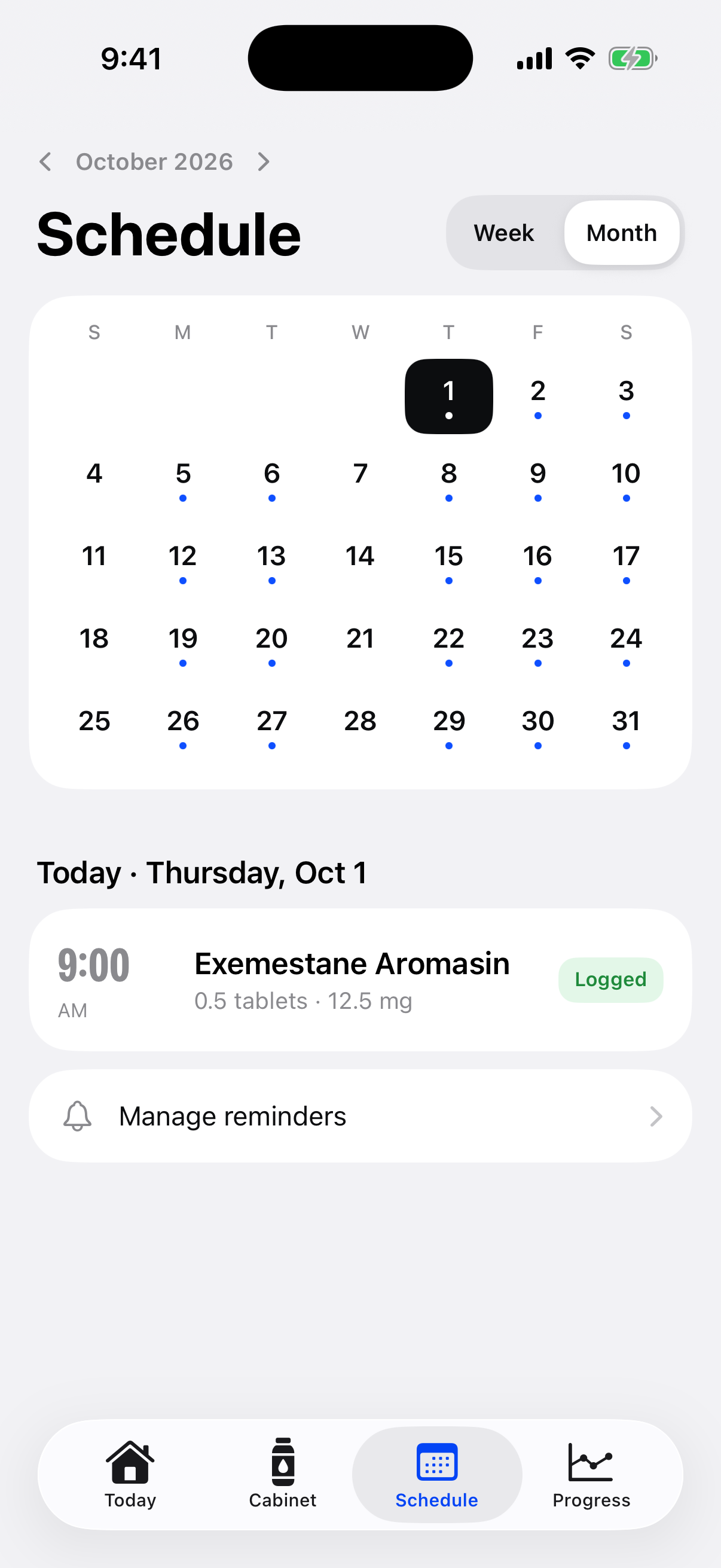 Cypio monthly schedule with scheduled days and a logged entry