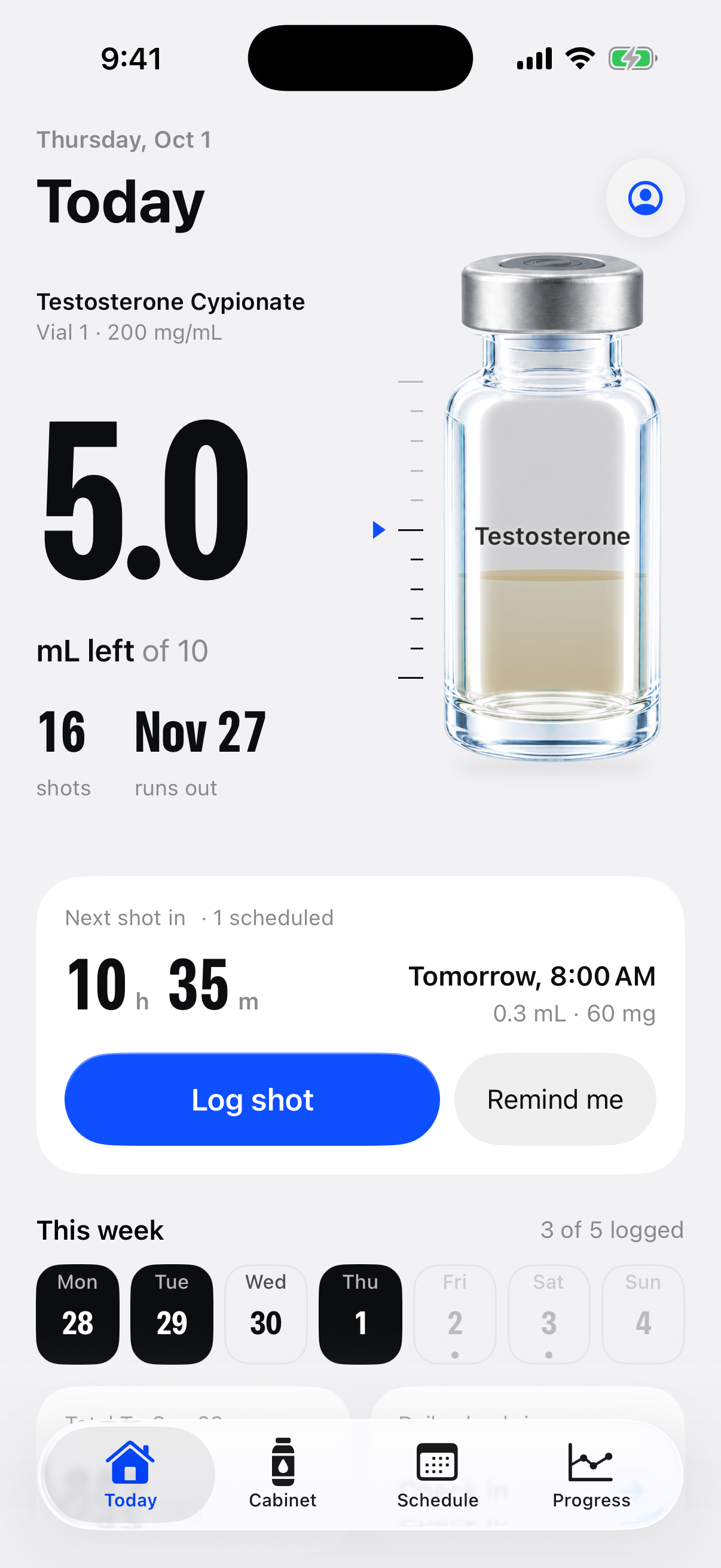 Cypio Today screen with the current vial, mL left, shots remaining, and the next shot