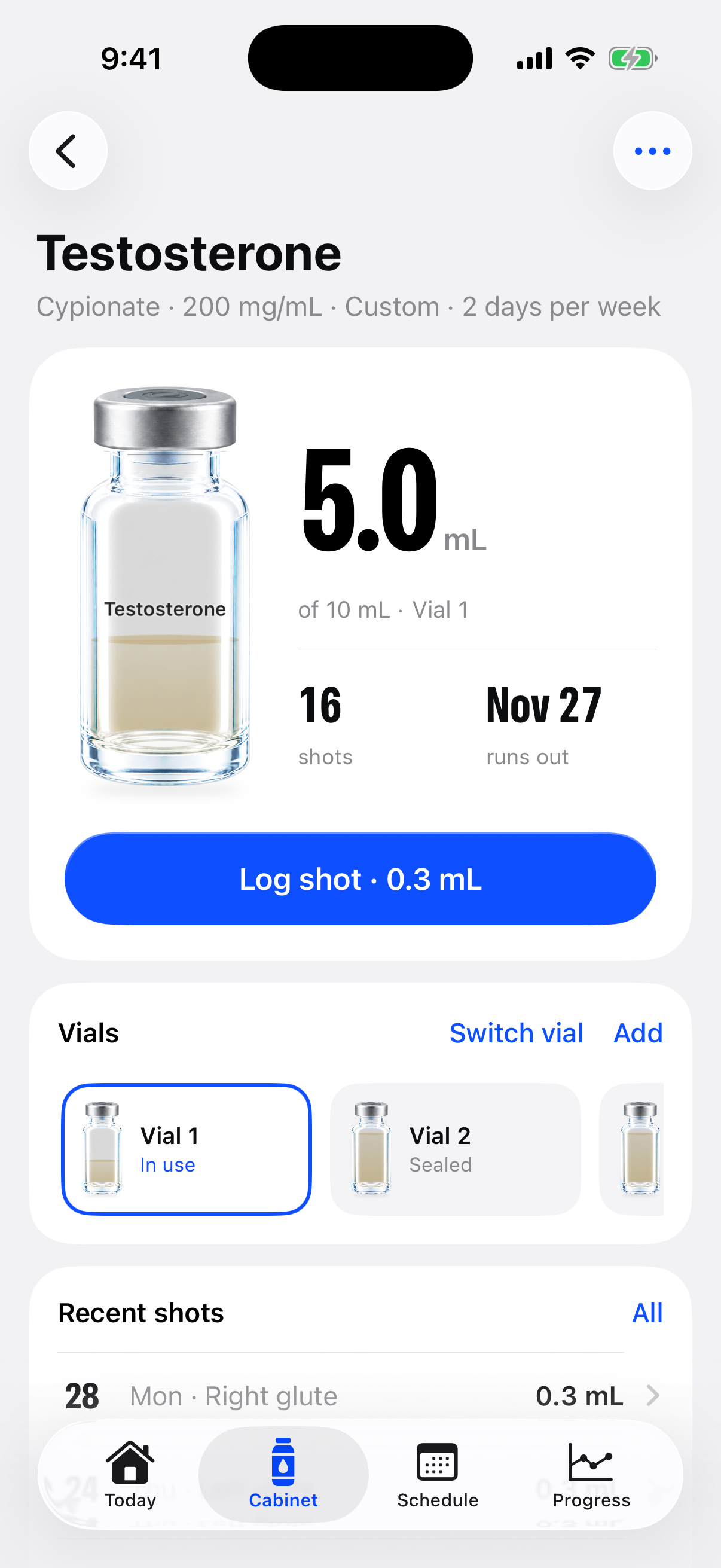 Cypio hormone page with the current vial, shots left, run-out date, and vial switcher